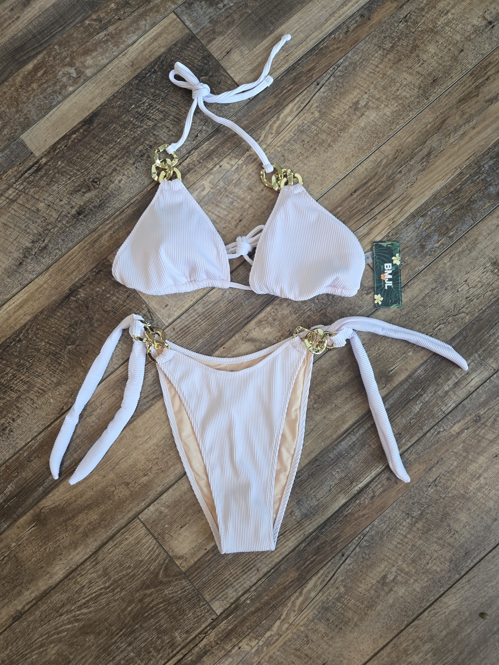 NEW BMJL White Ribbed Bikini Set Gold Chain Link Details Medium NWT